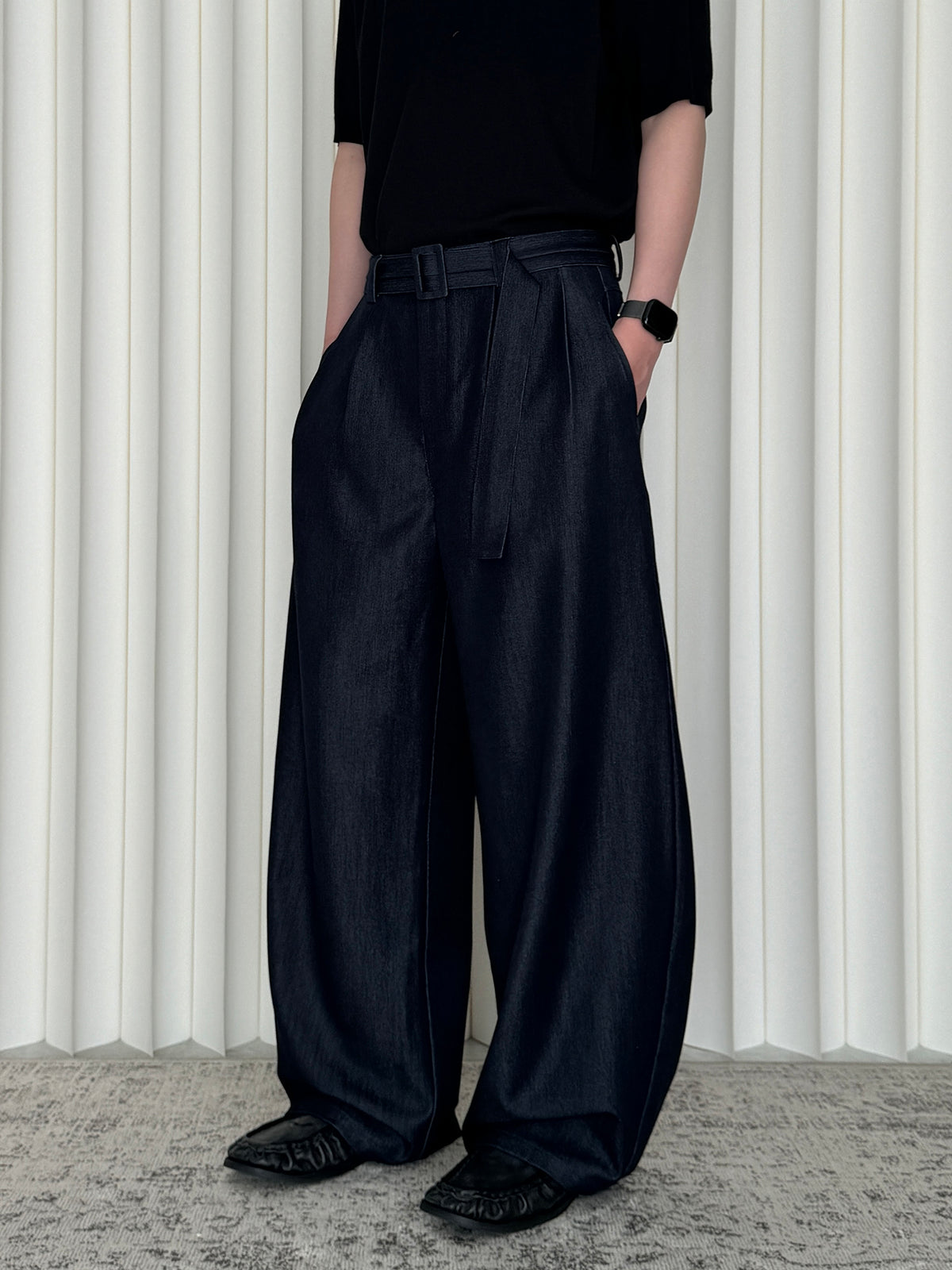 Belted Double-Pleat Casual Trousers