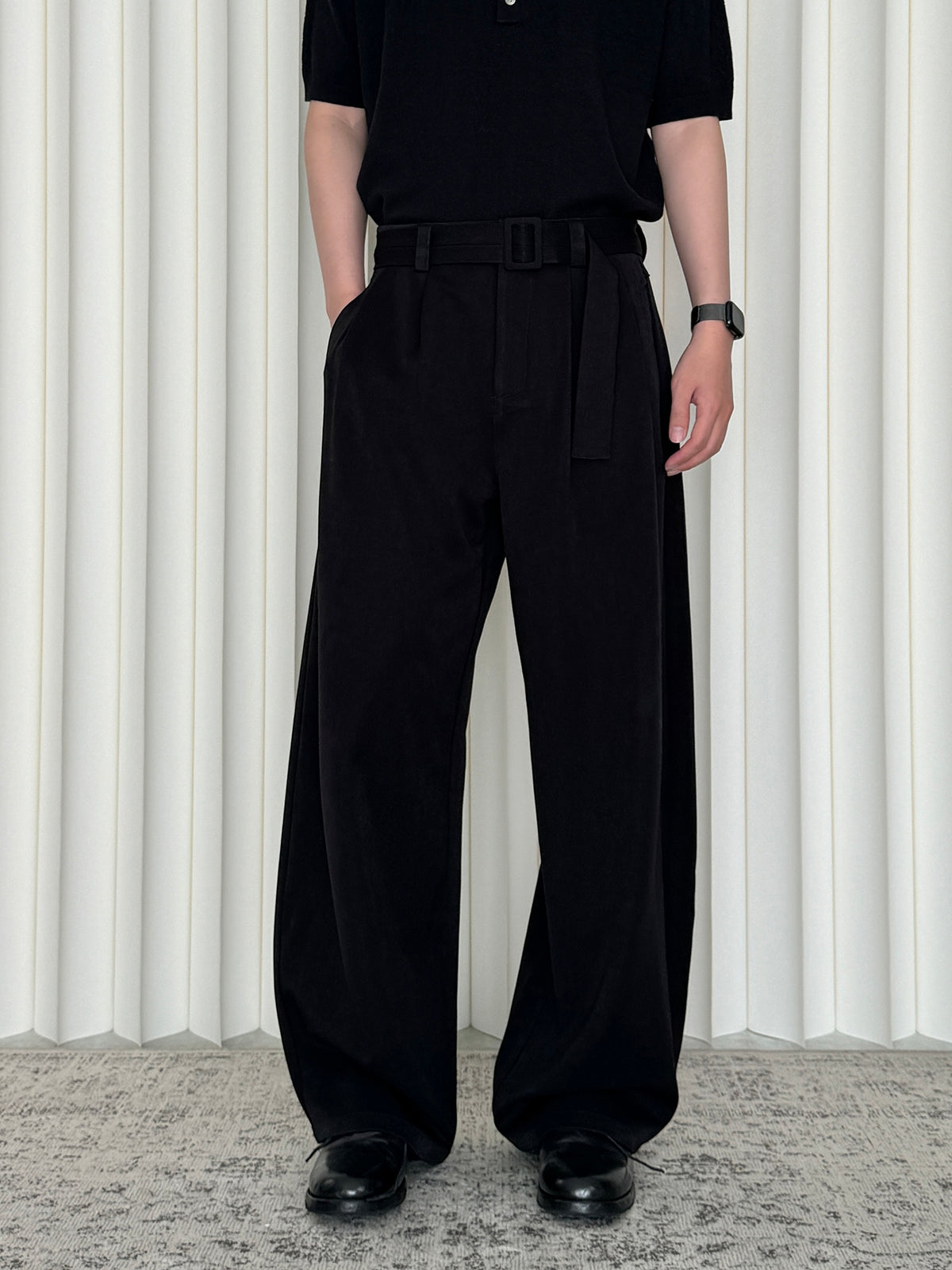 Belted Double-Pleat Casual Trousers