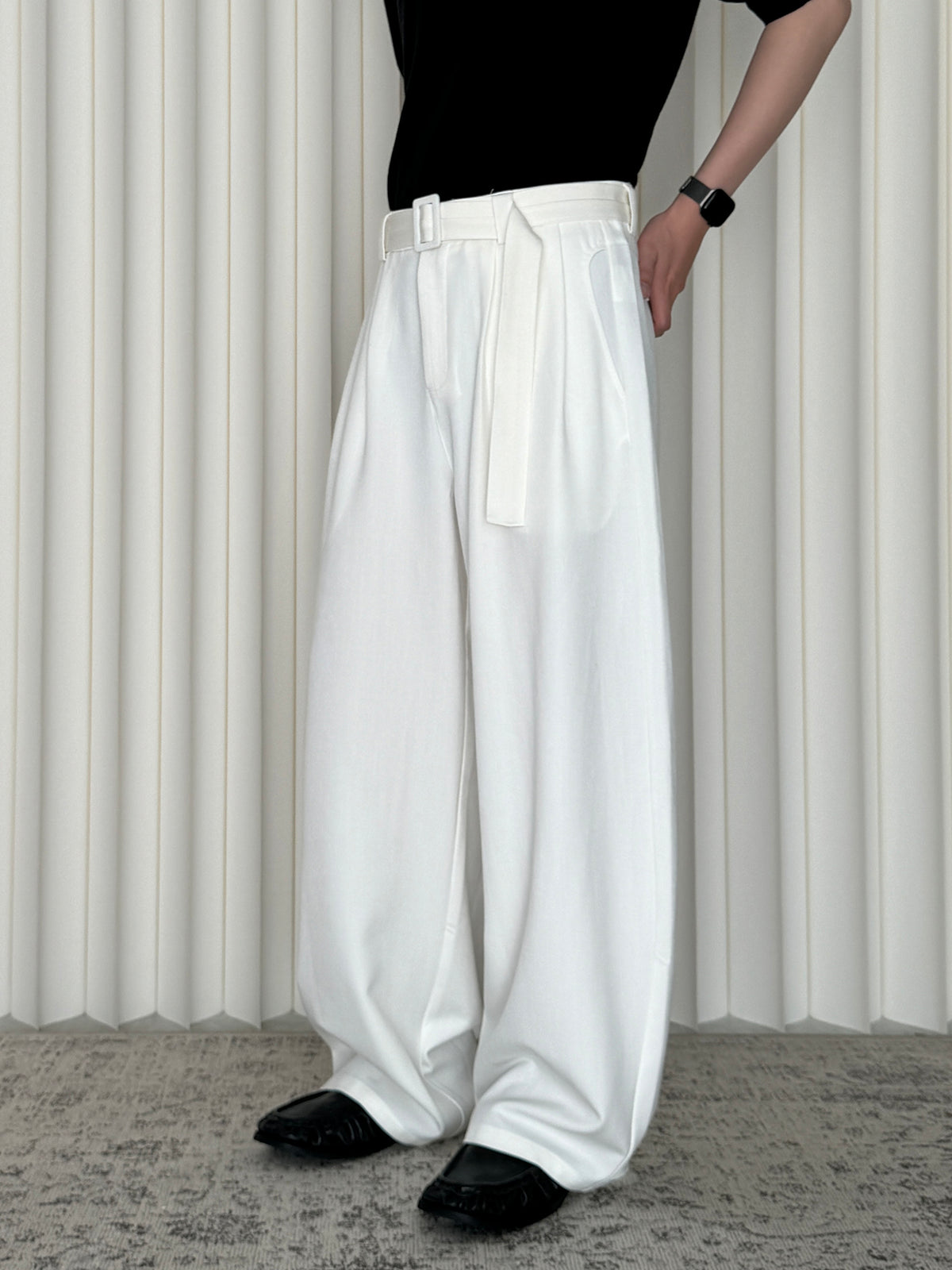 Belted Double-Pleat Casual Trousers